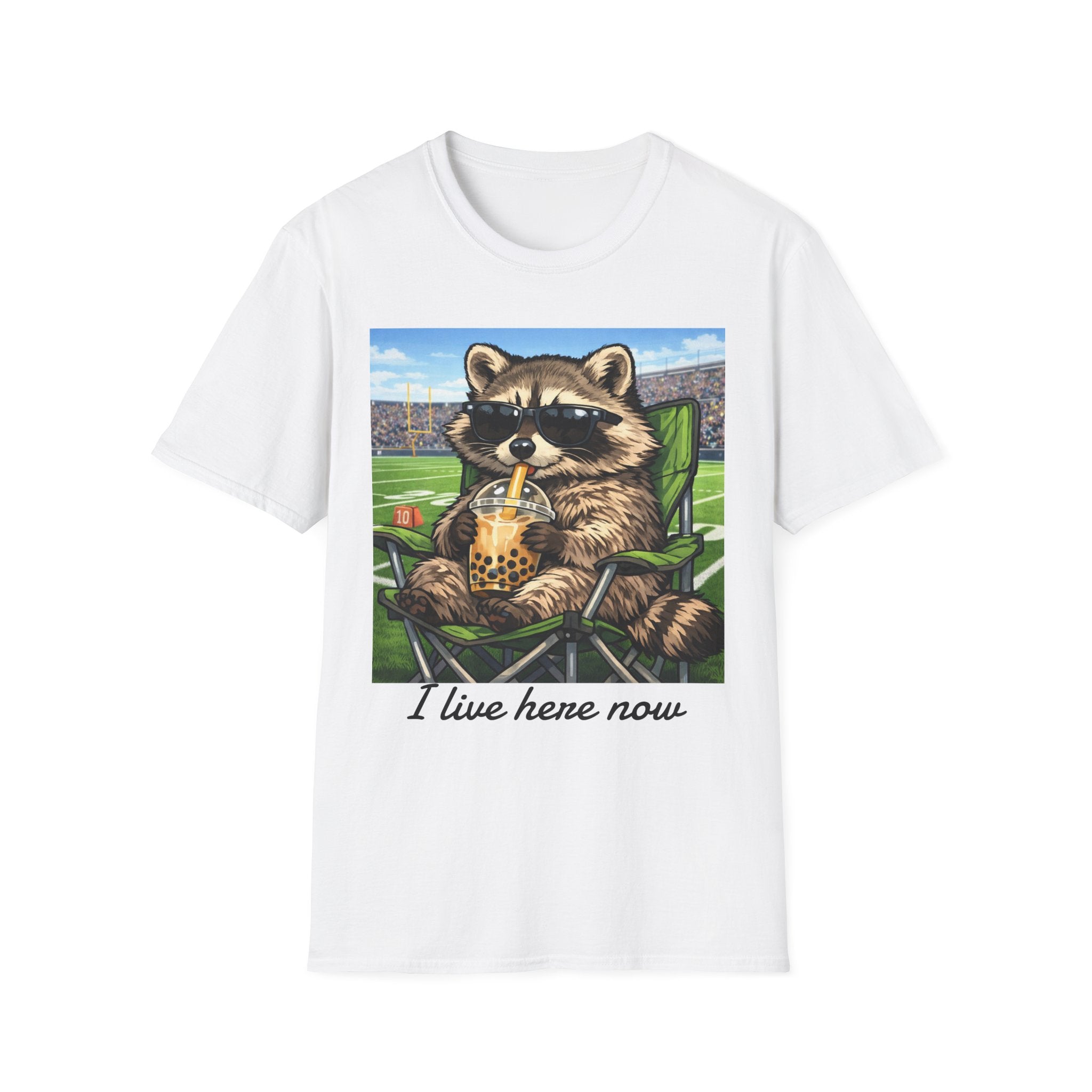I live here now Raccoon Iced Tea Baseball Tee | in White S | T-Shirt | Al Mery's Paradise