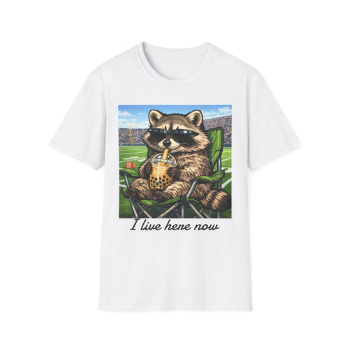 I live here now Raccoon Iced Tea Baseball Tee | in White S | T-Shirt | Al Mery's Paradise