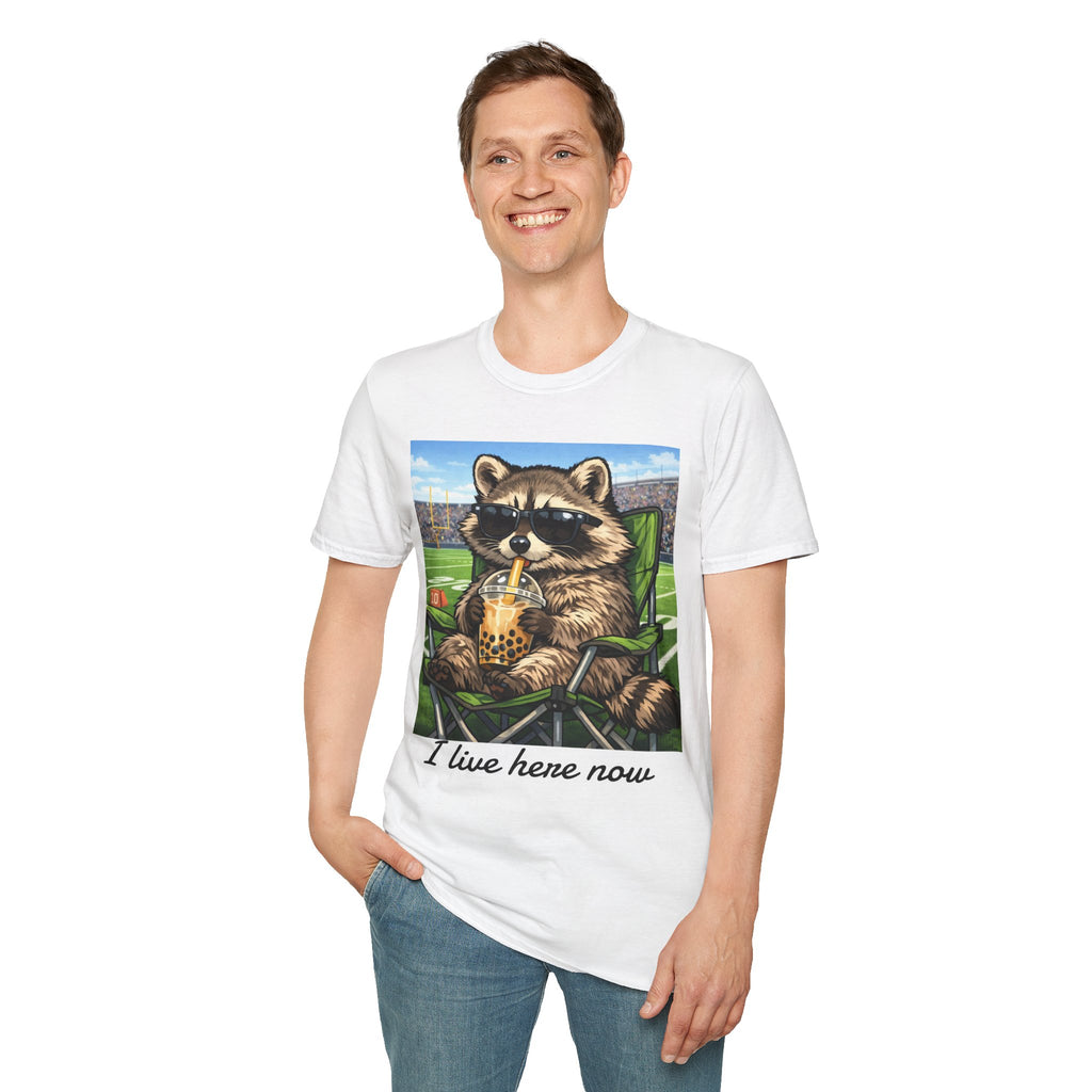I live here now Raccoon Iced Tea Baseball Tee | T-Shirt | Al Mery's Paradise