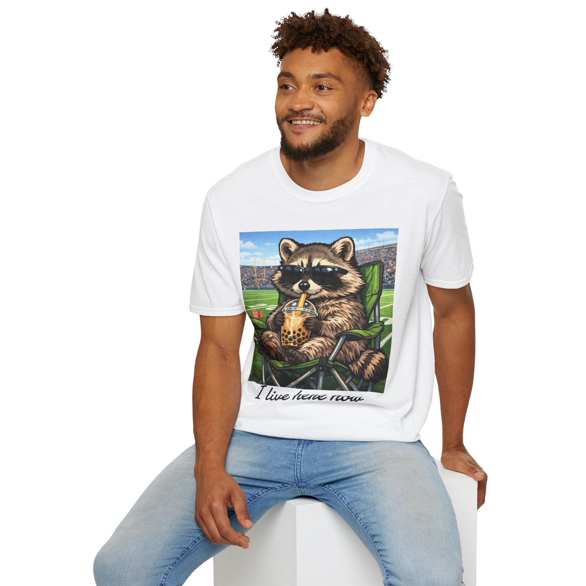 I live here now Raccoon Iced Tea Baseball Tee | T-Shirt | Al Mery's Paradise