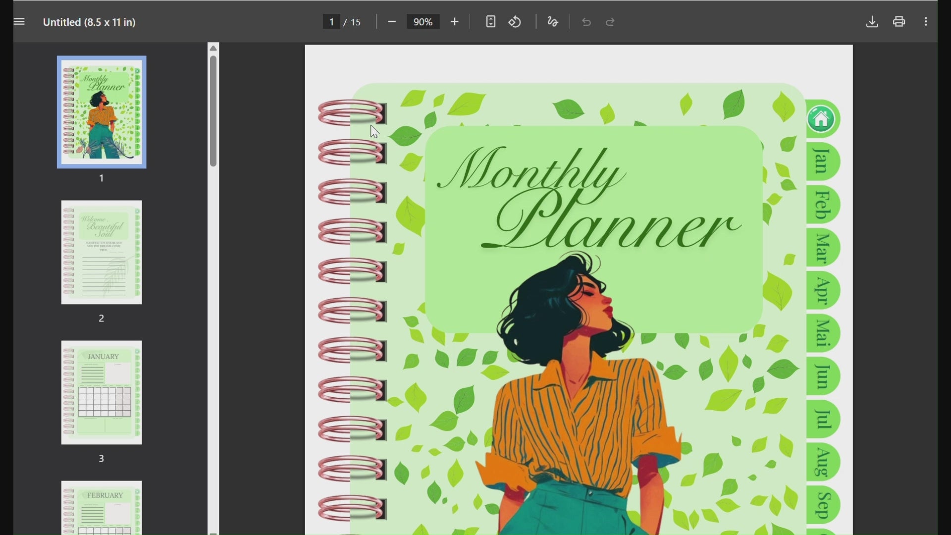 Undated Monthly Planner PDF | Aesthetic Green Digital Planner for Organized Life